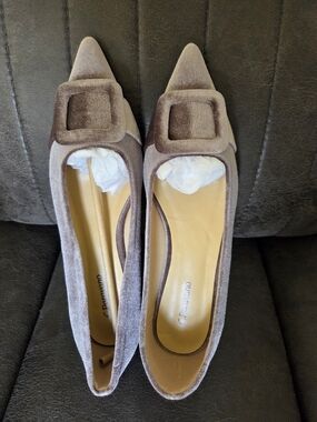 C. Paravano Taupe Velvet Pointed Toe Flats with Buckle Detail